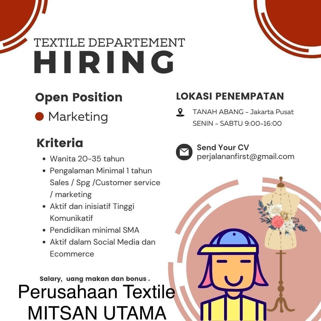 Lowongan kerja jakarta marketing textile mitsan utama 2023 kabarinfo