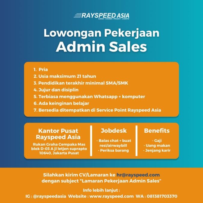 Lowongan Kerja Jakarta Admin Sales RAYSPEED ASIA 2023